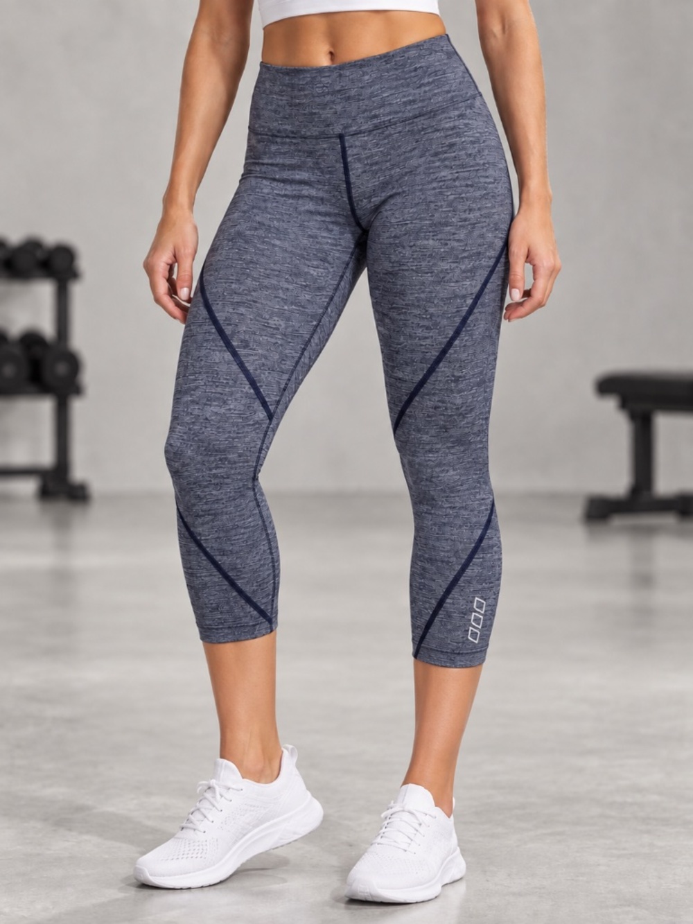 Lorna Jane Heathered Blue Gray Geometric Seam Crop Leggings Capri Women's Size S